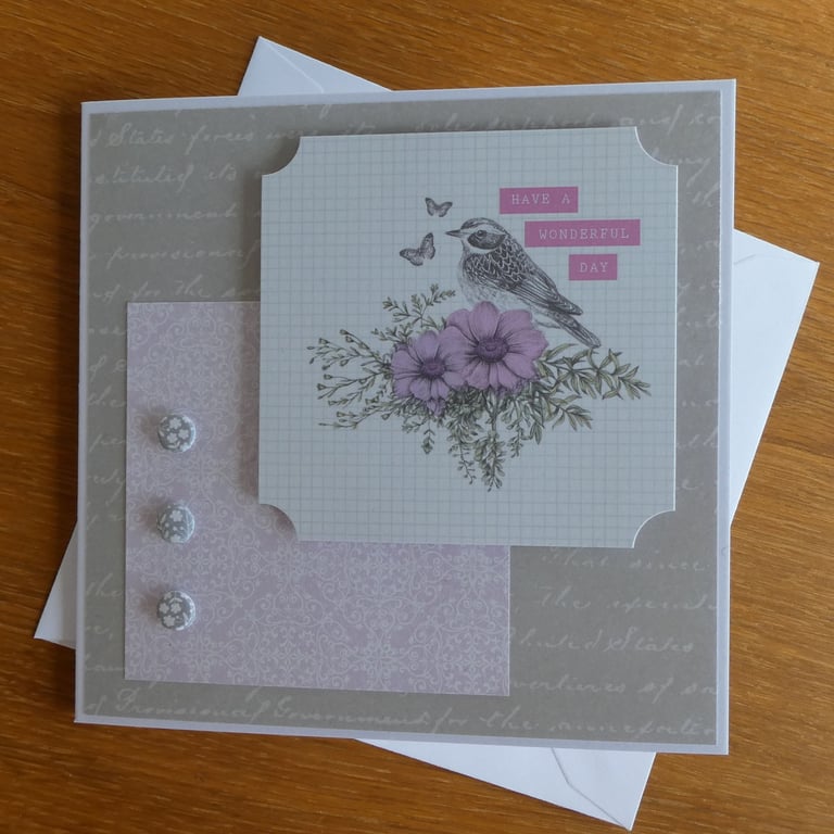 Birthday Card - Bird and Flowers - Have A Wonderful Day