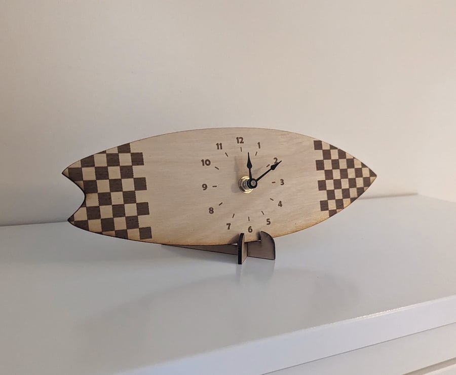 Surfboard Clock Laser Engraved - Stand Included,  Home Surf Décor, Gift for Surf