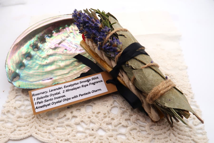 Sacred Incense Bundle with Selenite and Amethyst Pentacle Charm. 