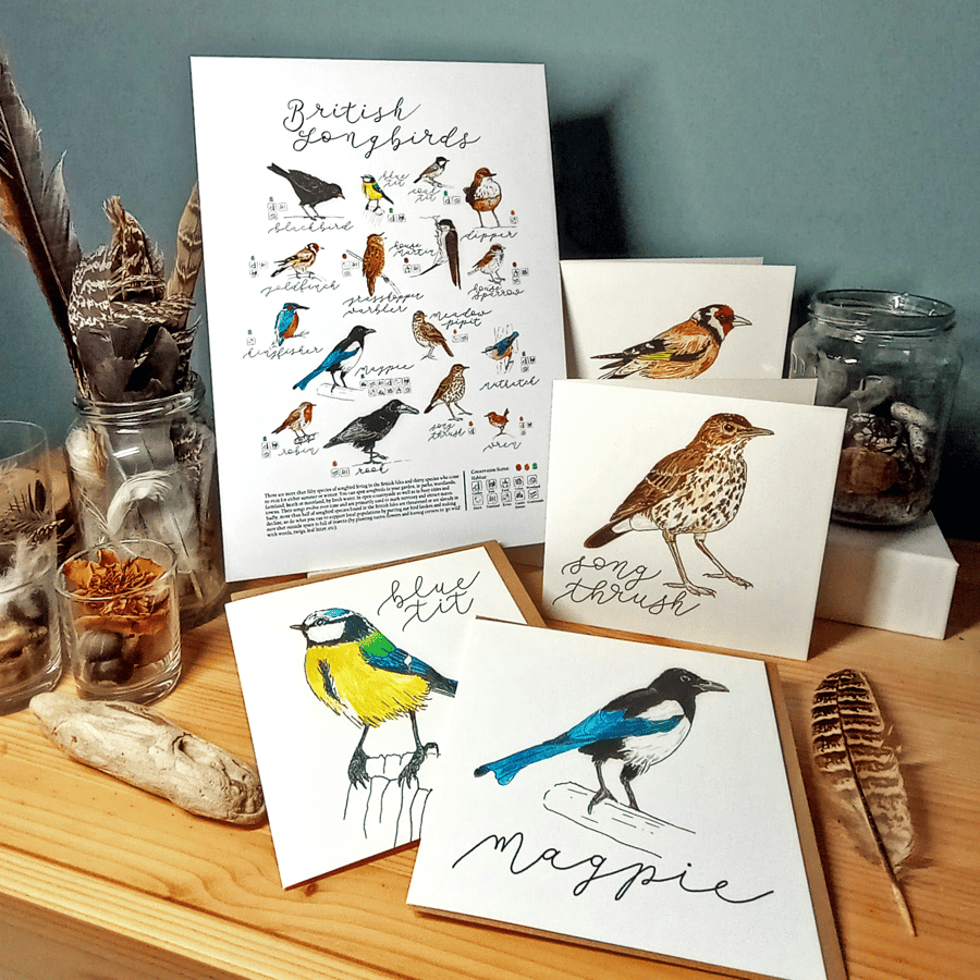 Illustrated British Songbirds Eco Gift Set: A4 Art Print & x4 Note Cards