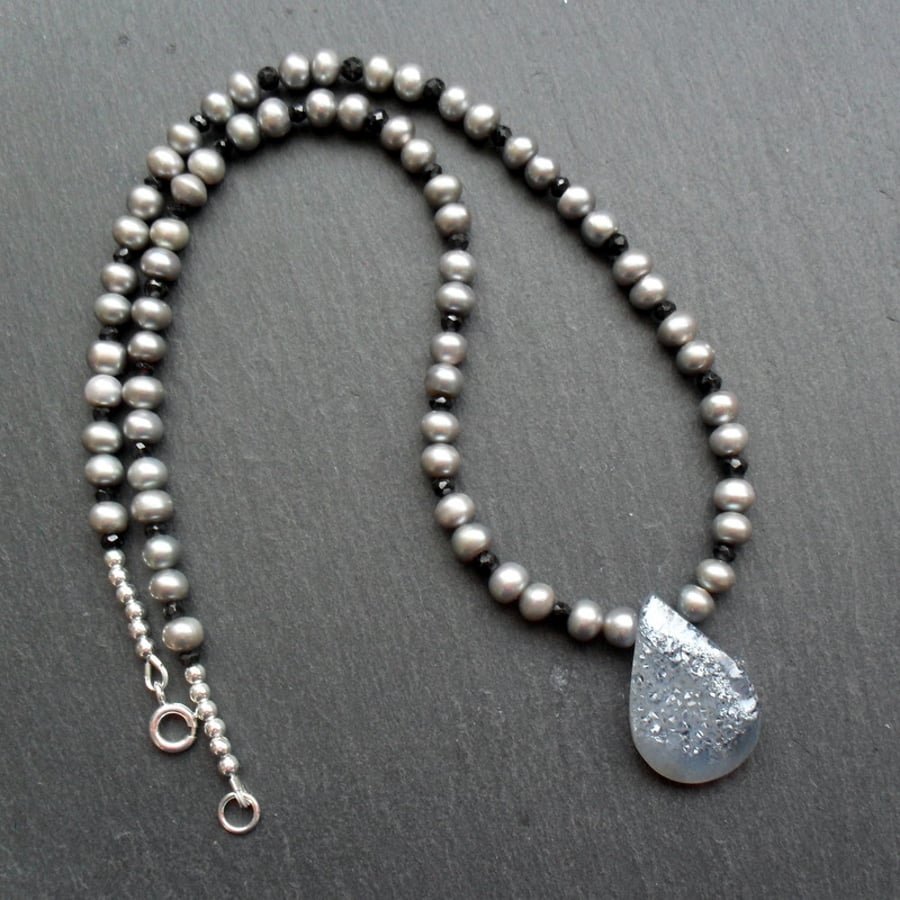 Druzy Agate, FreshWater Cultured Pearl and Spinel Necklace