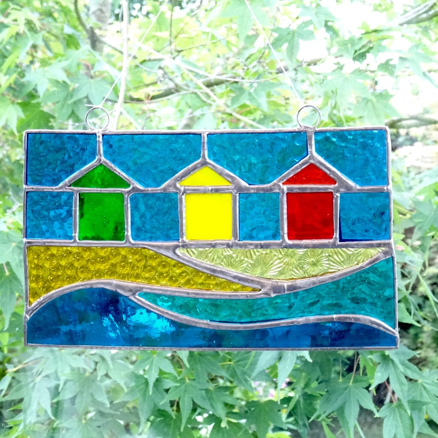 Stained Glass Beach Hut Panel Suncatcher - To Order - Handmade Window Decoration
