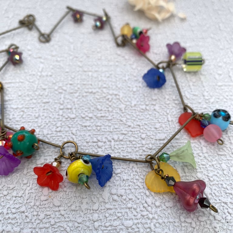 Boho Multicolour Glass Bead and Lucite Bronze Necklace