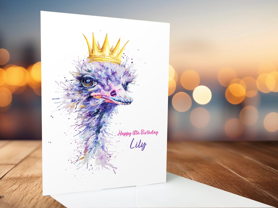 Personalised ostrich birthday card, premium quality