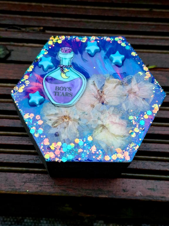 Wooden Hexagon Trinket Jewellery Box gothic skeleton witchycore alt emo glitter