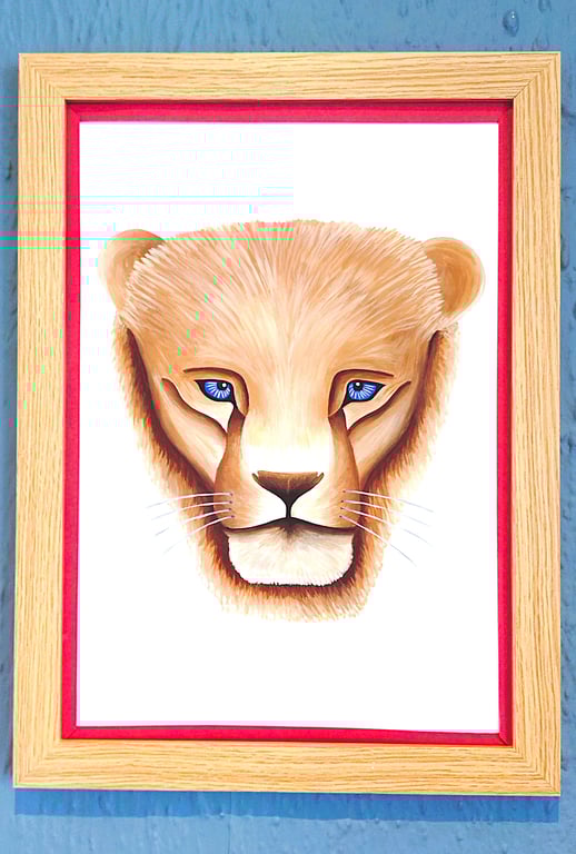 Framed A3 Print Colourful Lion Head Portrait Red Border Genuine Made in UK 