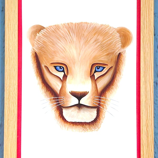 Framed A3 Print Colourful Lion Head Portrait Red Border Genuine Made in UK 