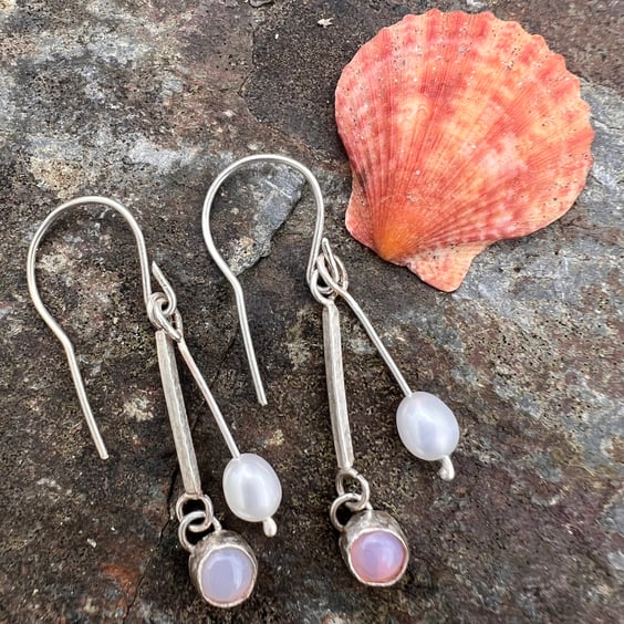  Silver Dangle Earrings with Pink Opal and Freshwater Pearl