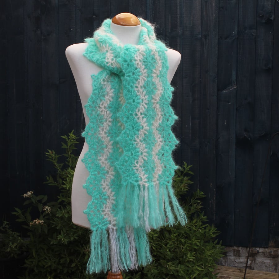 Crochet Stripey Scarf in Aqua and White