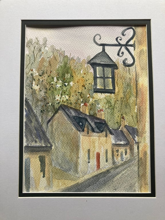 Watercolour of Castle Combe. Landscape of English countryside. 