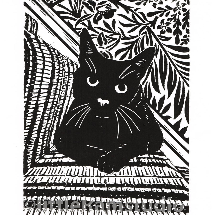 Black Cat Linocut Print - Hand Pulled Linocut Print