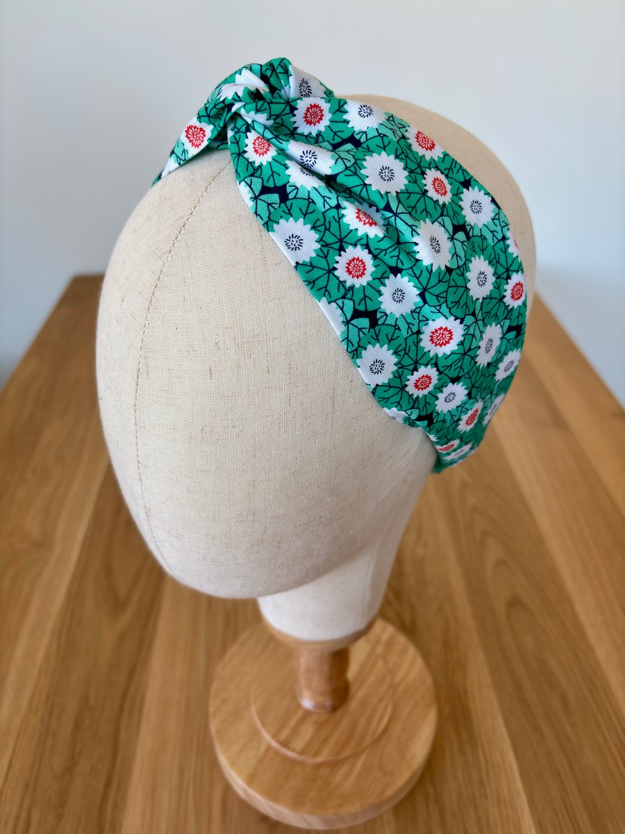 Cotton headband, twist knot style hairband in jade, navy & white cotton