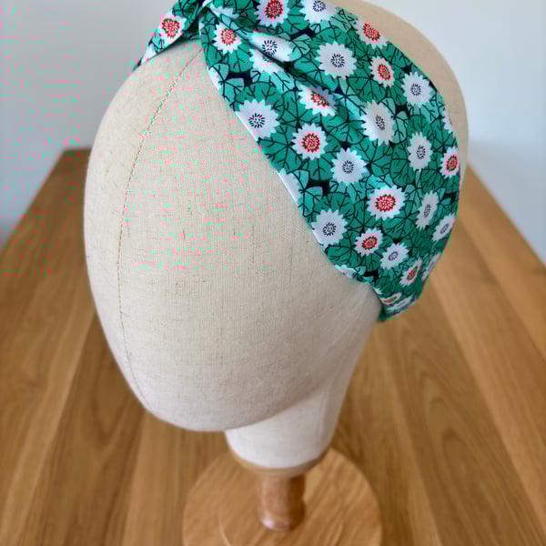 Cotton headband, twist knot style hairband in jade, navy & white cotton