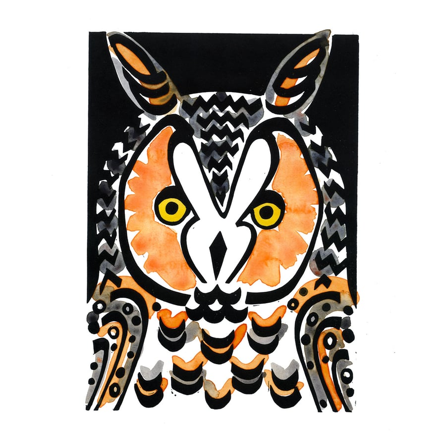 Long-eared Owl coloured linocut 4 of 30