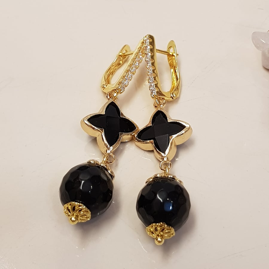 Black agate drop earrings, gold plated earrings, handmade gift for her