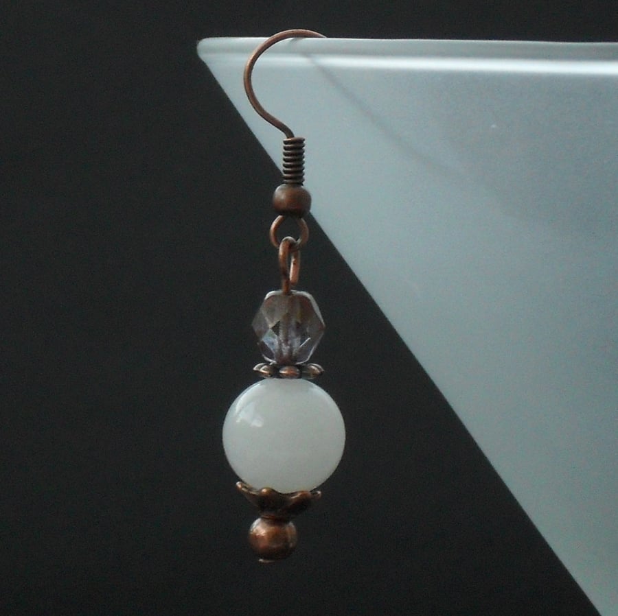 White jade and crystal handmade copper earrings