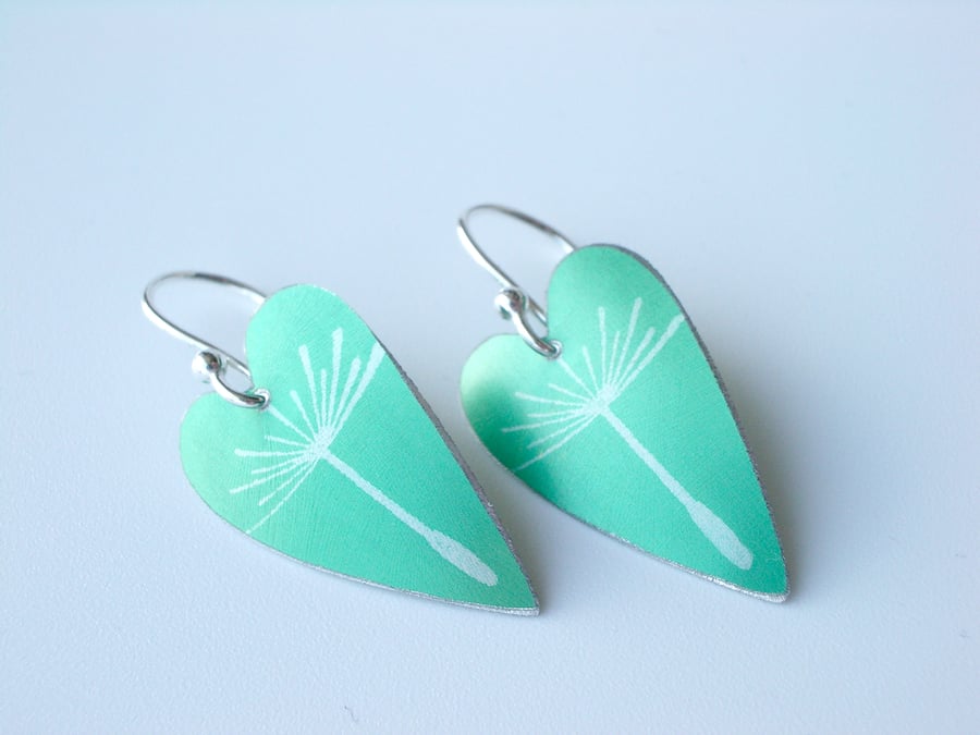 Dandelion seed heart earrings in jade green