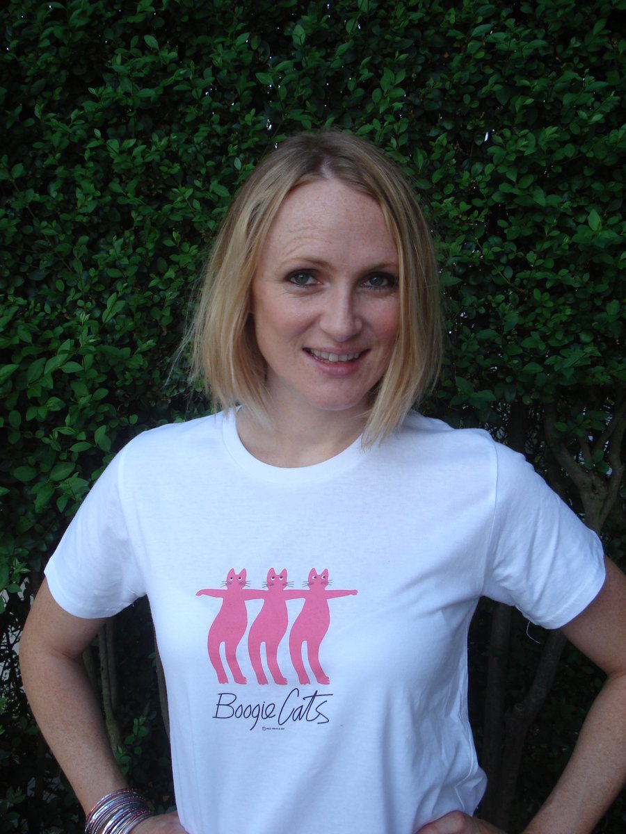 Womens small Organic Jersey T shirt, with pink dancing cats, Best quality