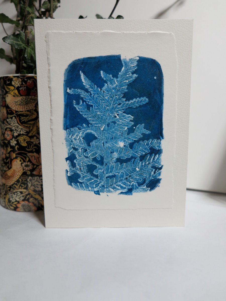 Blue Fern monoprint greetings card