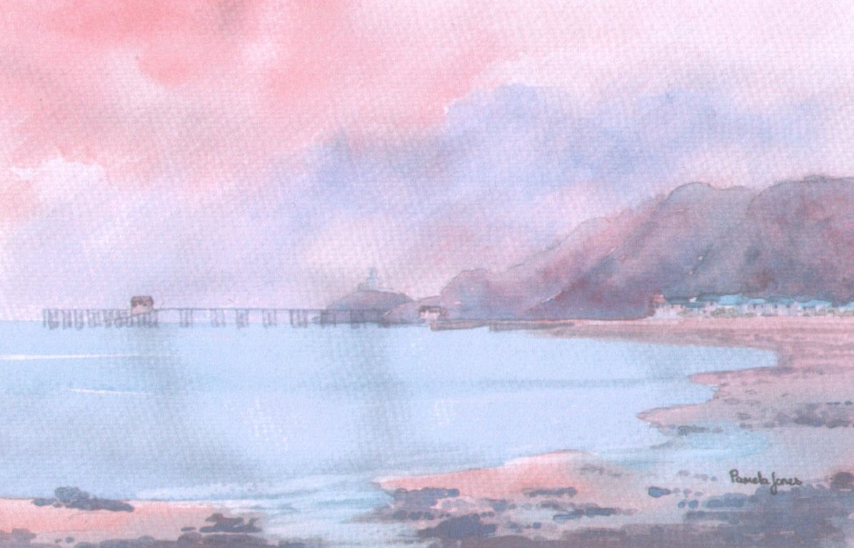 Pink Sky, Mumbles, Watercolour Print. In 14 x 11'' Mount
