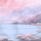 Pink Sky, Mumbles, Watercolour Print. In 14 x 11'' Mount
