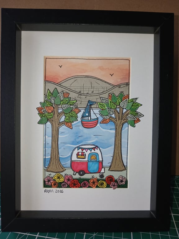Quirky art, original illustration paper pictures of a cute caravan, sailing boat