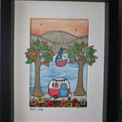 Quirky art, original illustration paper pictures of a cute caravan, sailing boat