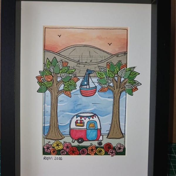 Quirky art, original illustration paper pictures of a cute caravan, sailing boat