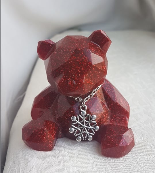 Glittery Red Festive Bear with Snow Flake Charm.