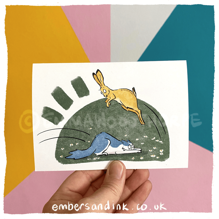Pouncing Cat Jumping Hare Greetings Card