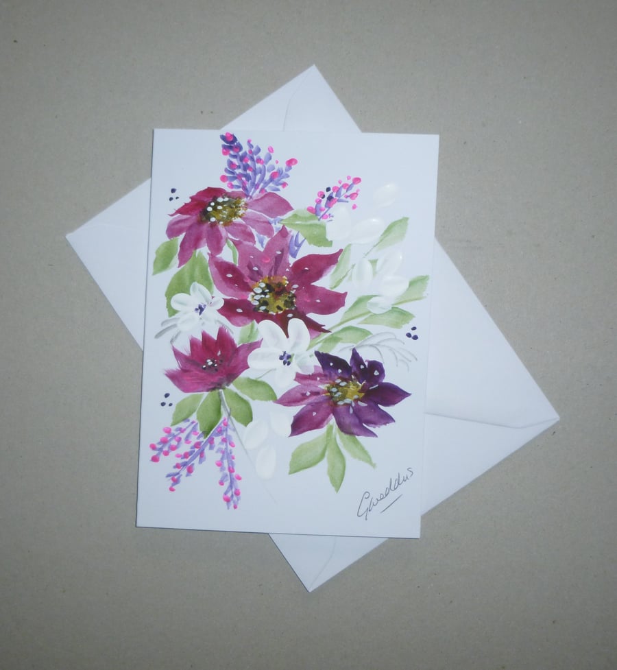 original art hand painted floral greetings card ( ref FA 531 B3 )