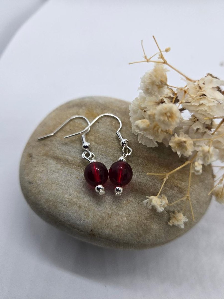 Red glass bead  earrings with silver plated hypollergenic earrings dangle drop 