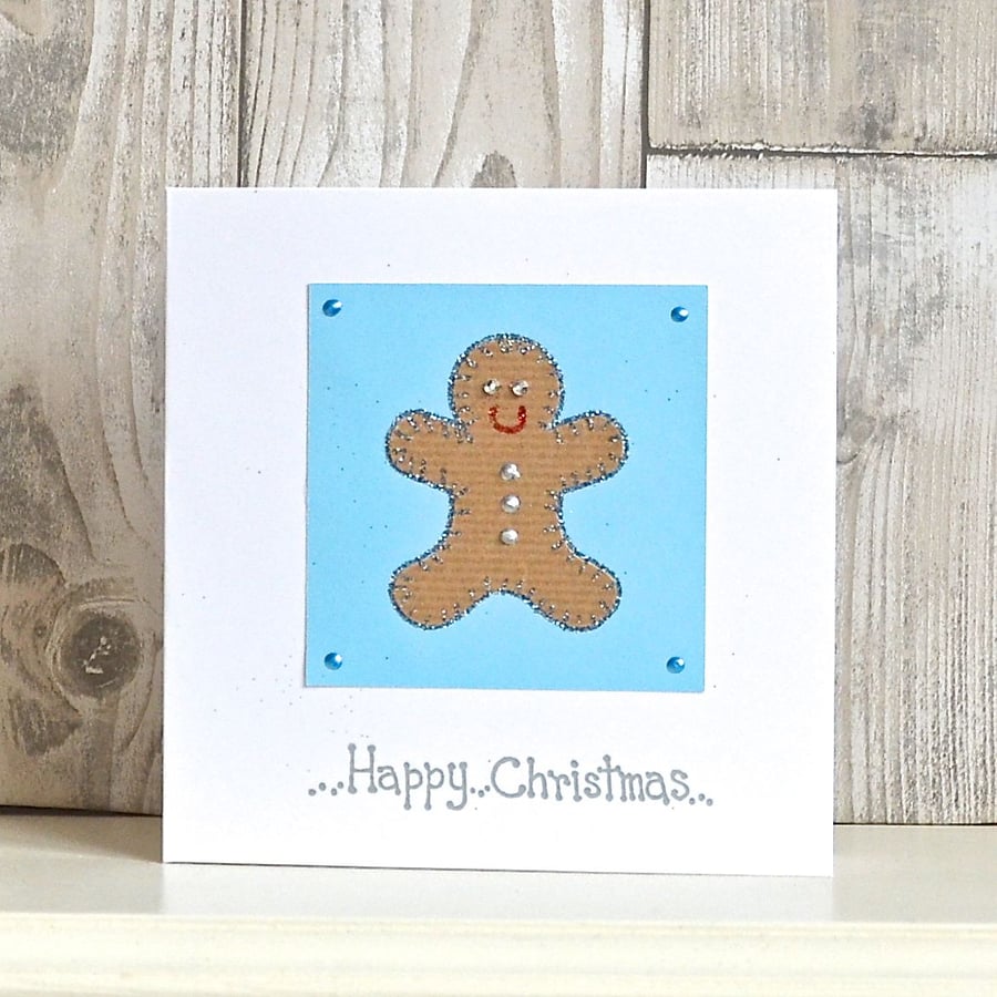 Handmade fun glittery Christmas card - gingerbread man hand crafted cute blue