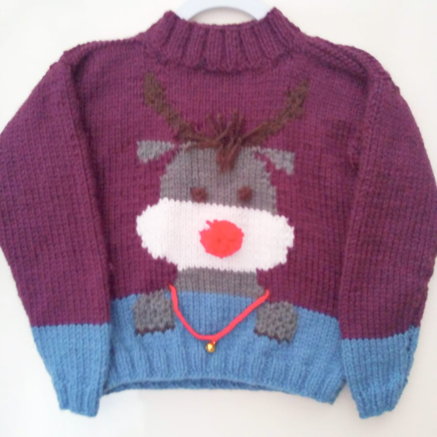 Aran Weight Rudolf the Reindeer Novelty Christmas Jumper, Child's Seaonal Jumper