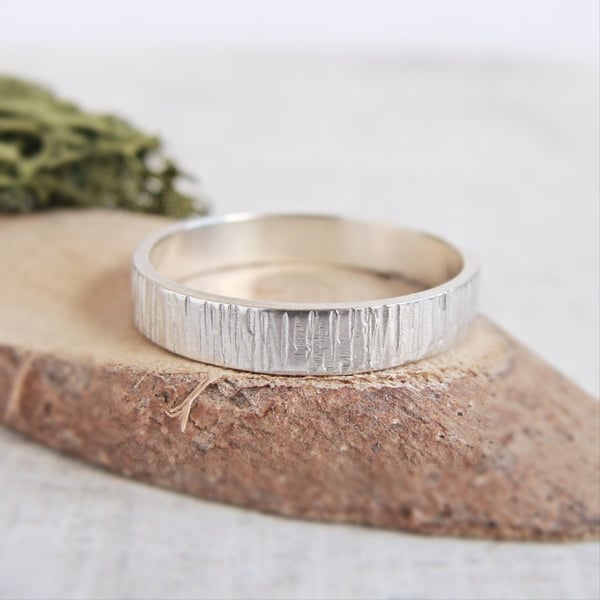 Sterling Silver Woodland Birch Tree Bark Hammered Texture Stacking Ring 4mm Band