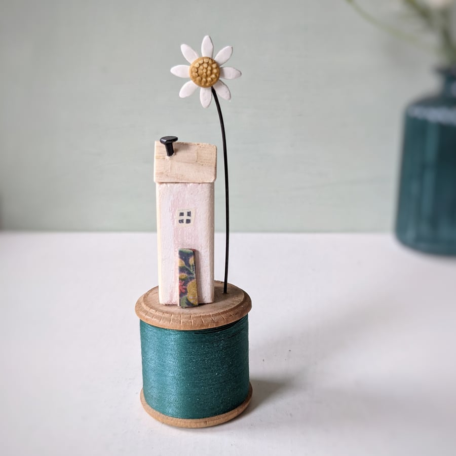 Wooden House on a Vintage Bobbin with Clay Daisy