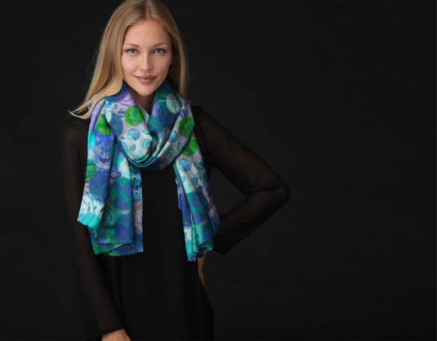 Beautiful Modal Scarf in Gorgeous Blue Hues - Bubbles and Spirals