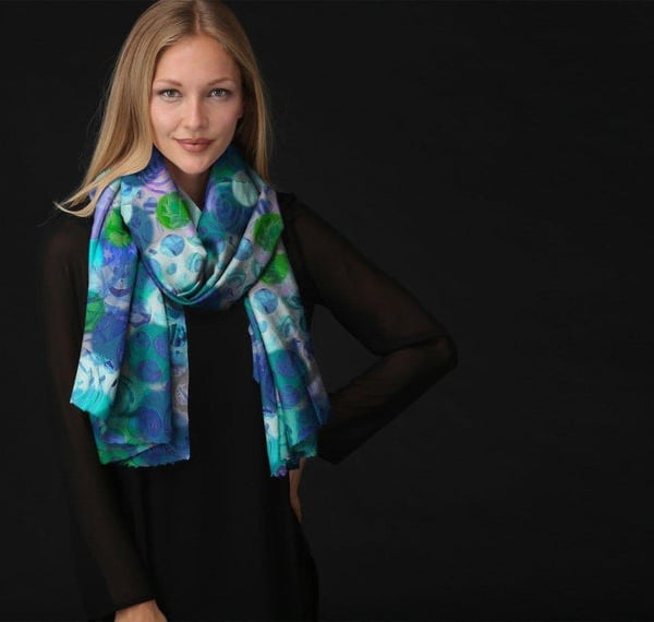 Beautiful Modal Scarf in Gorgeous Blue Hues - Bubbles and Spirals