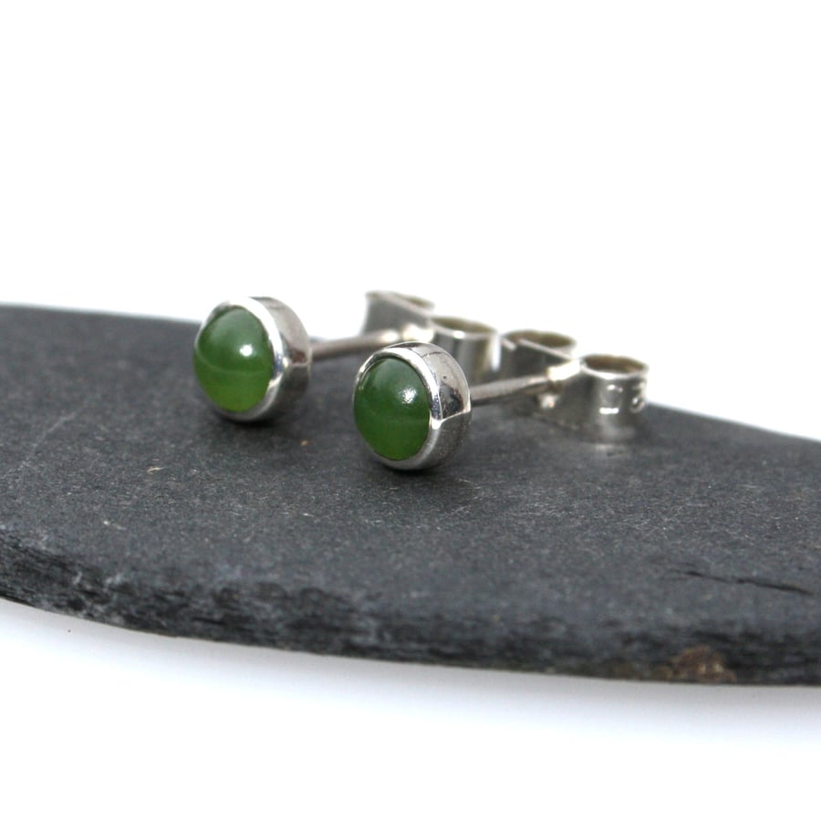 Green jade stud earrings , sterling silver