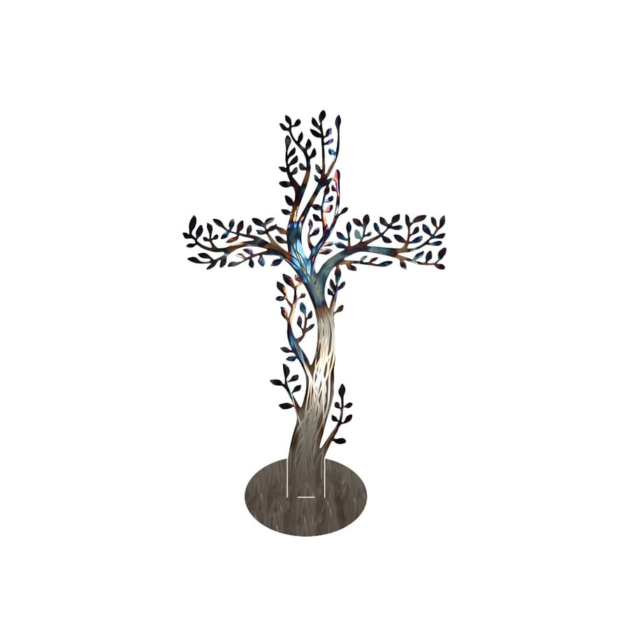 Tree of Life Cross Metal Wall Art, Iridescent Standing Tabletop Sculpture 40cm