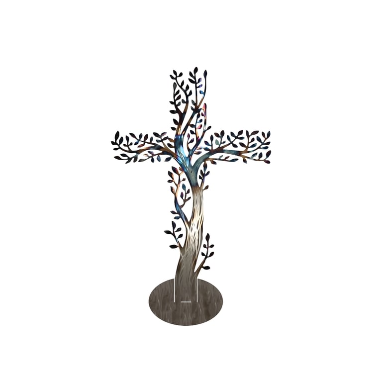 Tree of Life Cross Metal Wall Art, Iridescent Standing Tabletop Sculpture 40cm