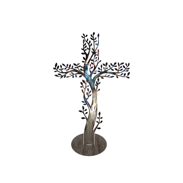 Tree of Life Cross Metal Wall Art, Iridescent Standing Tabletop Sculpture 40cm