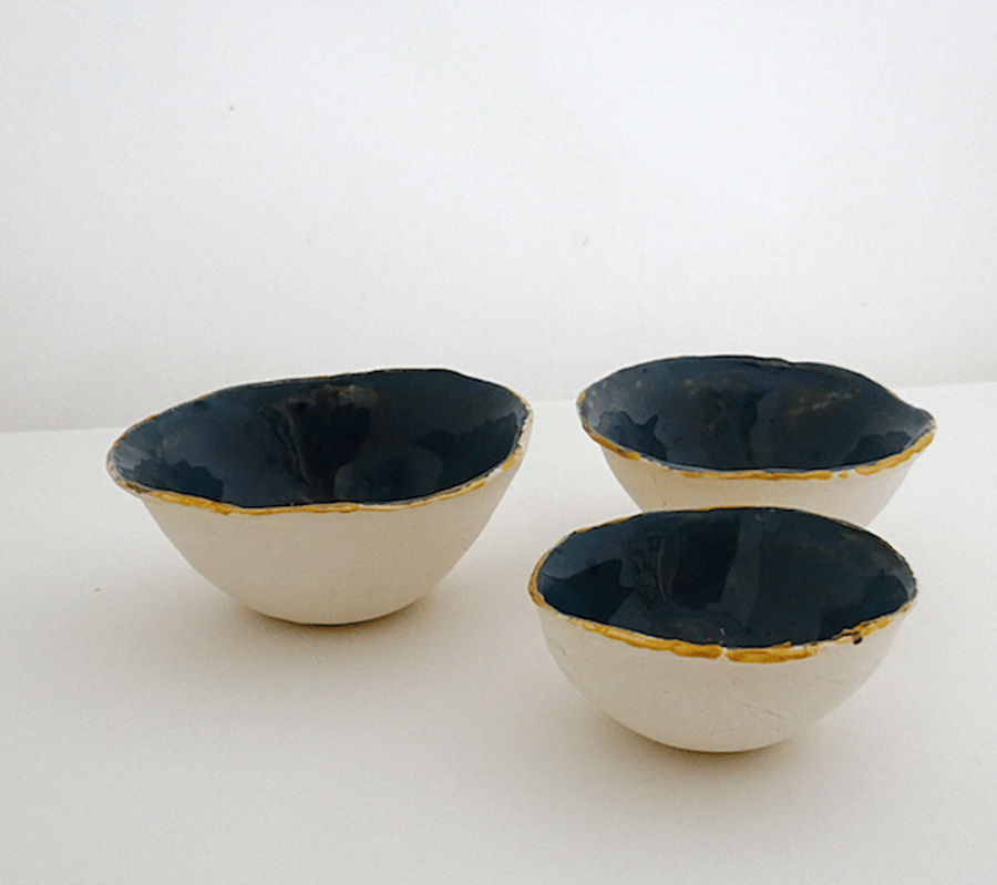 Set of 3 handmade ceramic trinket jewellery bowls, speckled blue, gilded rim