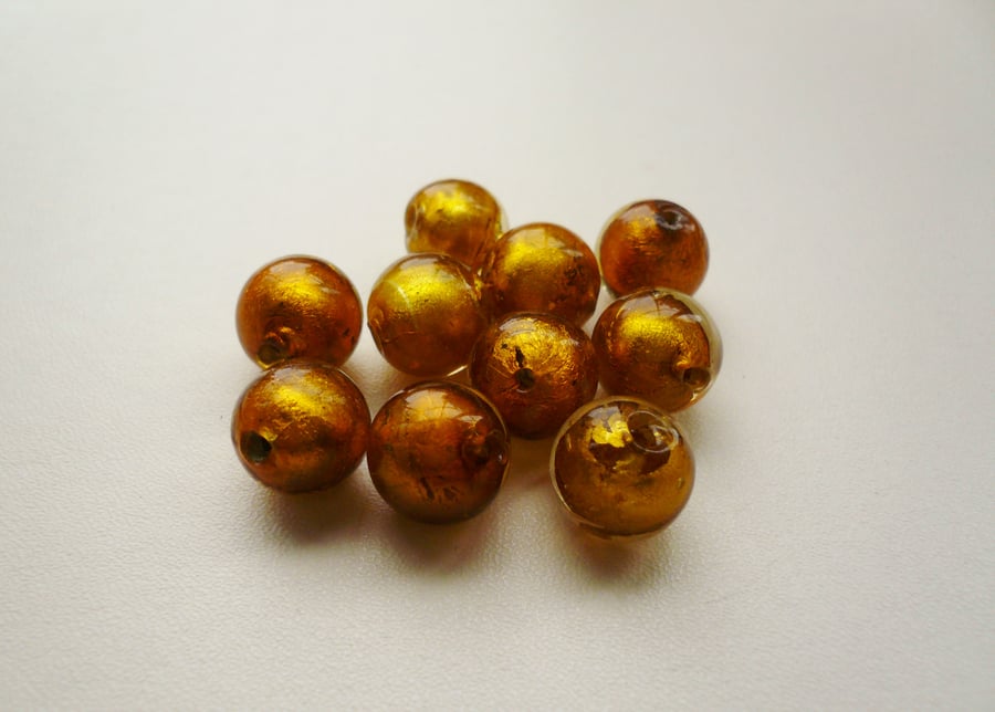 10  Gold Foil Lined Round Glass Beads  