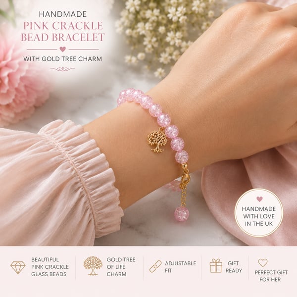 Handmade Pink Crackle Glass Bead Bracelet Gold Tree Charm Gift for Her