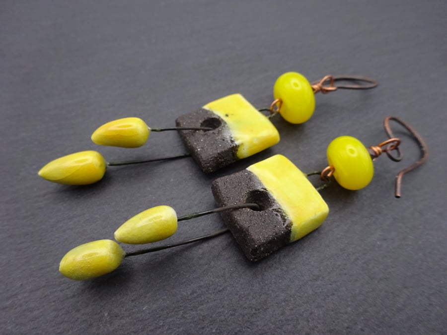 lampwork glass yellow earrings, copper and ceramic jewellery