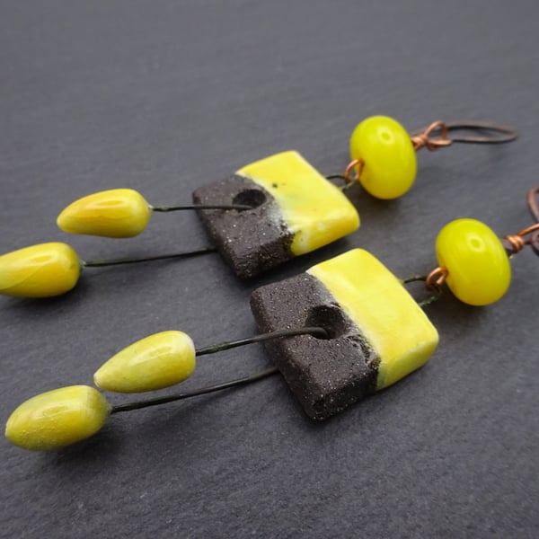 lampwork glass yellow earrings, copper and ceramic jewellery