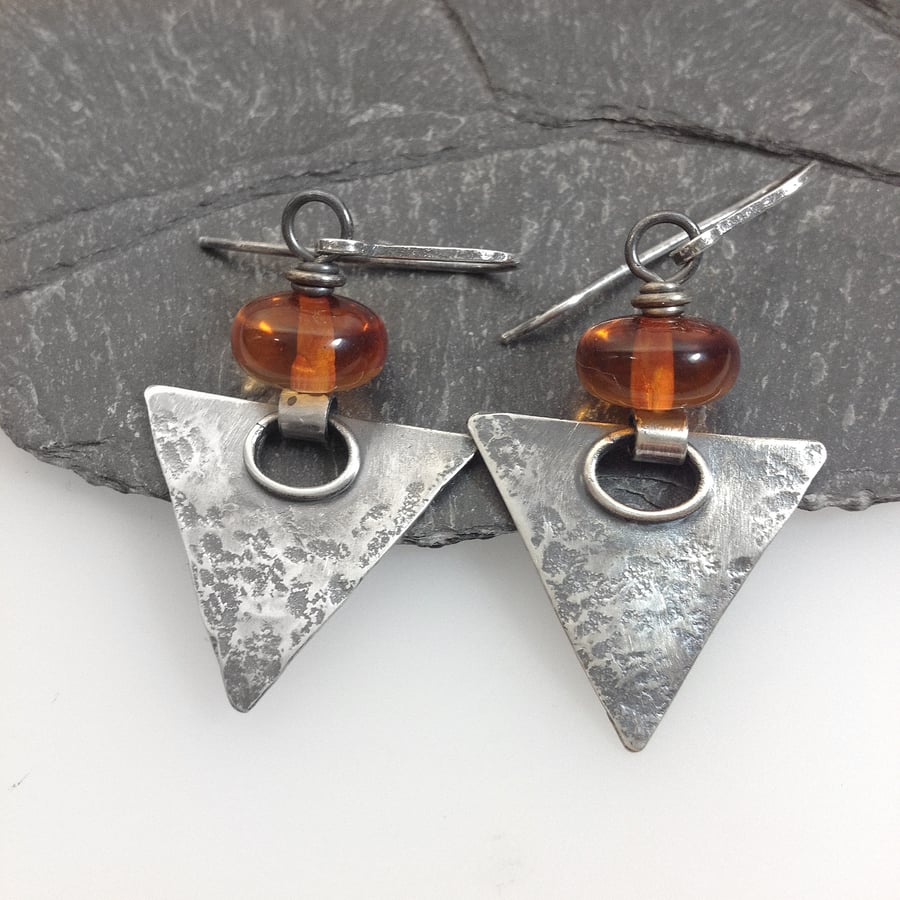 Oxidised silver and amber triangular earrings
