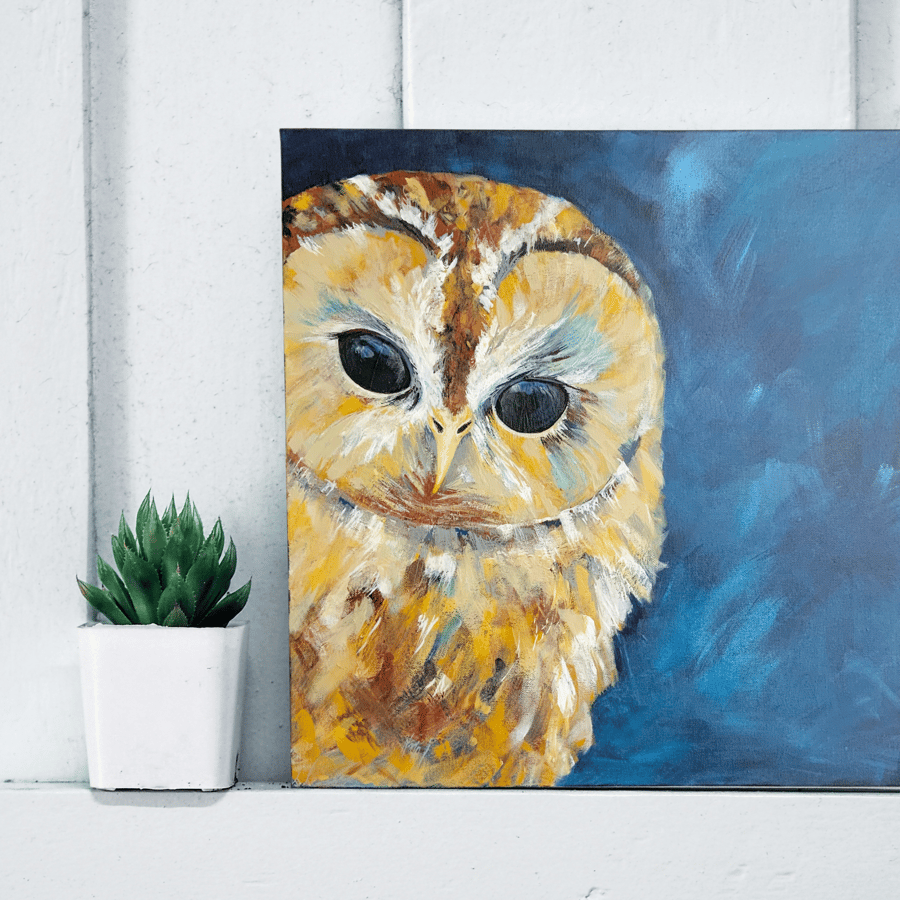 Original owl painting on box canvas wildlife artwork 