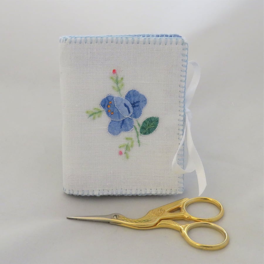 Needle book - blue applique from vintage linen